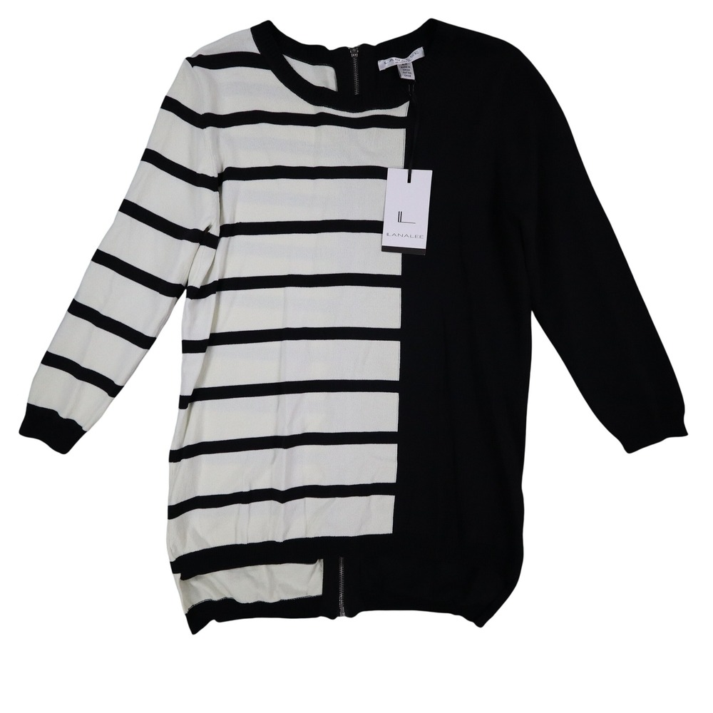 Lana Lee Tunic Sweater Womens Large Black White Striped Colorblock Zip Back New